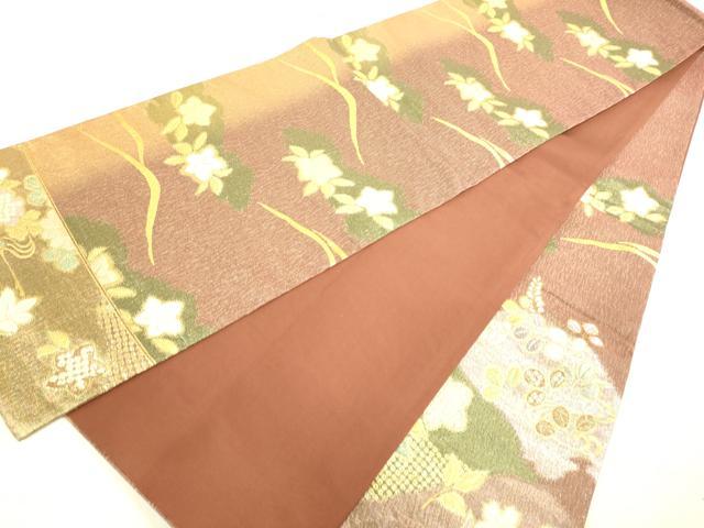 平和屋着物●六通太鼓柄袋帯 草花文 金糸 正絹 逸品 DAAJ5543du
