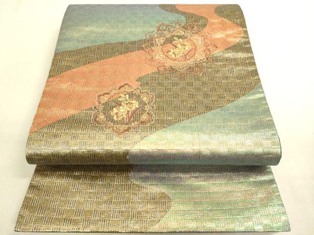 平和屋着物●両面 太鼓柄袋帯 刺繍 流水花文 金糸 正絹 逸品 DAAJ5553du