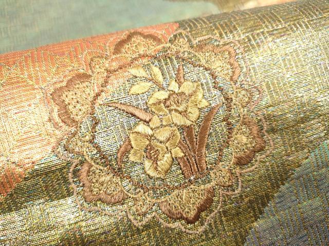 平和屋着物●両面 太鼓柄袋帯 刺繍 流水花文 金糸 正絹 逸品 DAAJ5553du