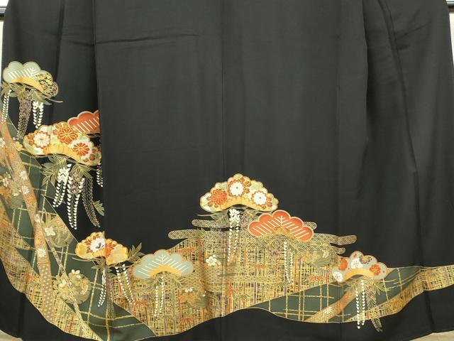平和屋着物■豪華黒留袖 駒刺繍 草花松文 金彩 正絹 逸品 DAAK0047ud