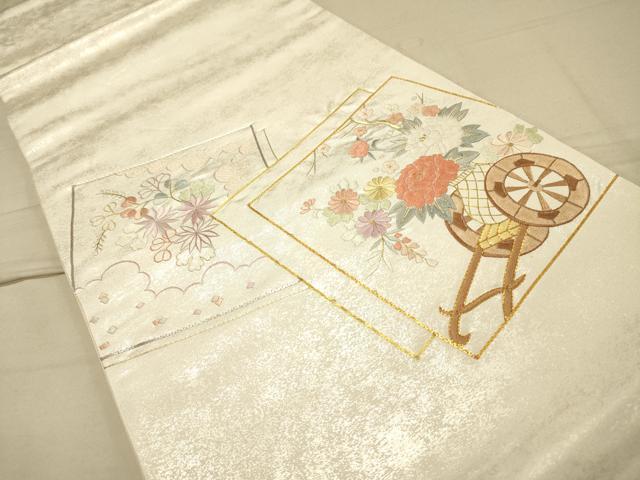 平和屋着物◎太鼓柄袋帯 駒刺繍 色紙重ね花車文 金糸 正絹 逸品 DAAK2562ob