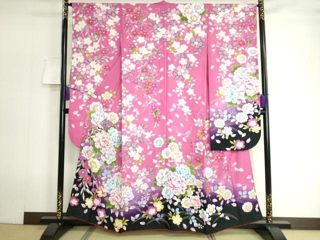 平和屋着物●豪華振袖・長襦袢(無双仕立て)セット 駒刺繍 枝垂れ桜 花手毬 暈し染め 銀通し地 半衿刺繍 逸品 DAAK4883ic