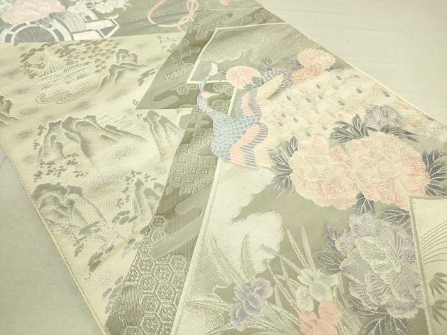 平和屋着物◎六通柄袋帯 松皮菱 御所車孔雀花文 銀糸 正絹 逸品 DAAK5555re