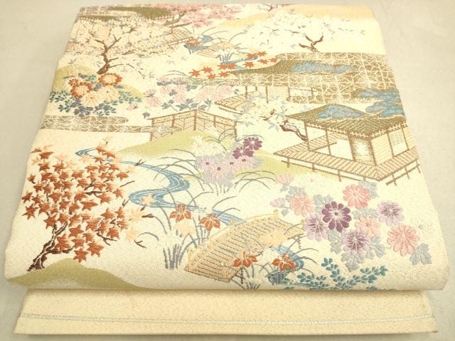 平和屋着物◎綴れ 太鼓柄袋帯 唐織 風景花文 金糸 正絹 逸品 DAAK5582re