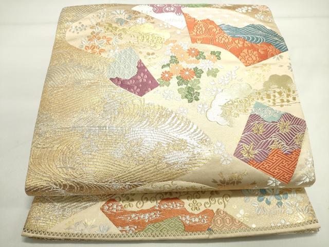 平和屋着物◎六通柄袋帯 唐織 色紙地紙花文 金銀糸 正絹 逸品 DAAK7529xg