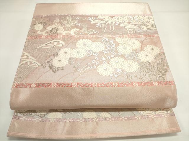平和屋着物◎六通柄袋帯 横段花文 銀糸 正絹 逸品 DAAK7559xg