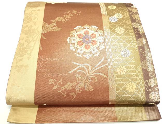 平和屋着物◎六通柄袋帯 唐織 花喰い鳥 草花間道 金糸 正絹 逸品 DAAK7764xg
