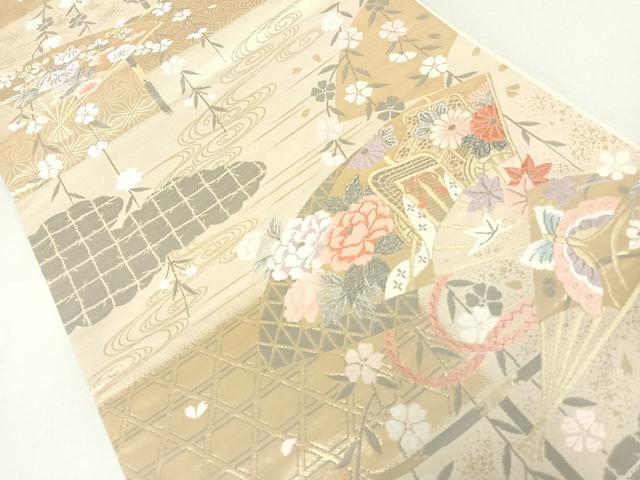 平和屋着物◎六通柄袋帯 唐織 扇面花蝶文 金銀糸 正絹 逸品 DAAL3599cd