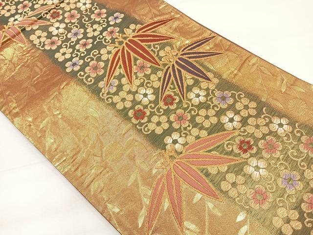平和屋着物◎両面 六通柄袋帯 笹草花文 金糸 正絹 逸品 DAAL3616cd