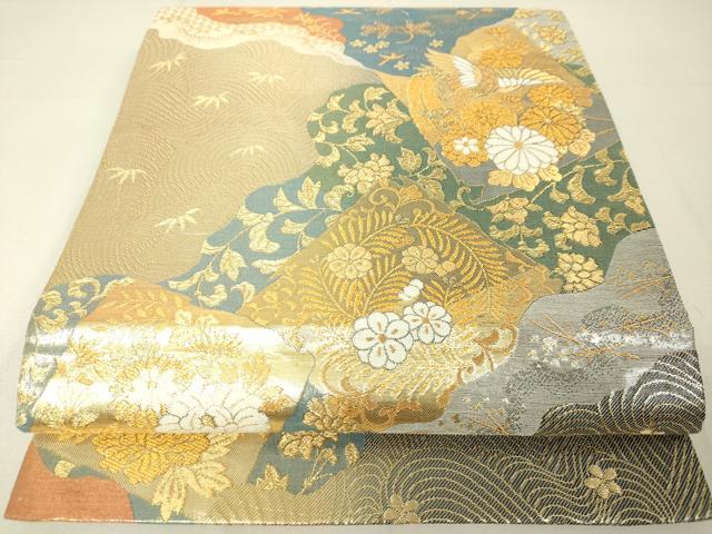平和屋着物◎六通柄袋帯 道長色紙花鳥文 金糸 正絹 逸品 DAAL6044fc