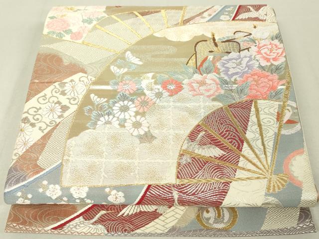 平和屋着物◎六通柄袋帯 飛鶴扇面草花文 金銀糸 正絹 逸品 DAAL6054fc