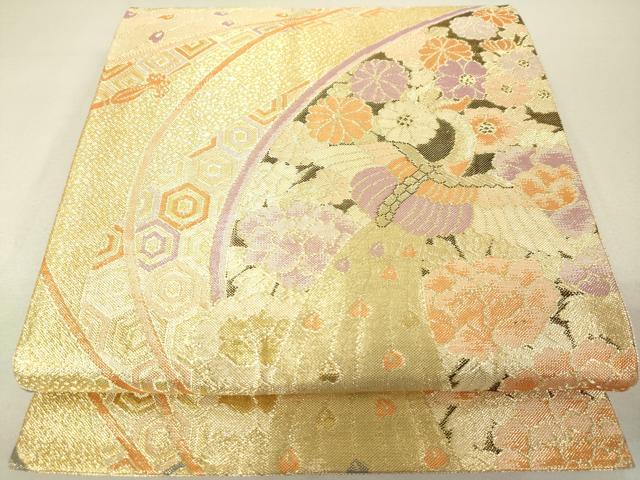 平和屋着物◎佐賀錦 六通柄袋帯 孔雀吉祥花文 金糸 正絹 逸品 DAAL6063fc
