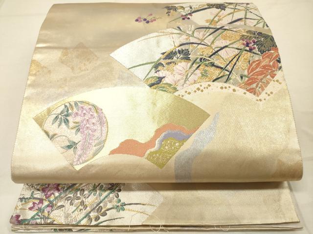 平和屋着物◎六通柄袋帯 唐織 扇麗 地紙草花文 金銀糸 引箔 正絹 逸品 DAAM0512bc
