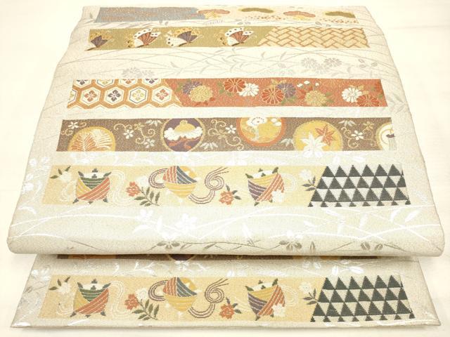 紹巴 細密 袋帯 ますいわ屋扱い 蜀江文 天井格子文 藤 杜若 金糸 正絹 六通 紹巴 細密 袋帯 ますいわ屋扱い 蜀江文 天井格子文 藤 杜若 金糸