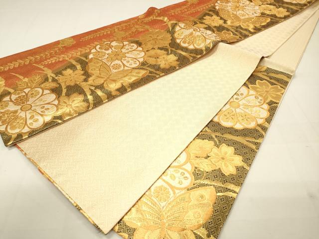 平和屋着物◎佐賀錦 六通柄袋帯 花蝶文 金糸 正絹 逸品 DAAM0842bc