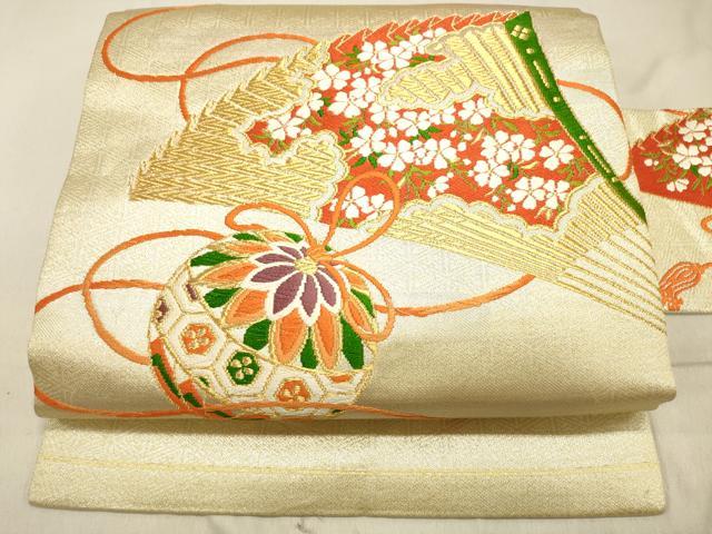 平和屋着物◎九寸名古屋帯 唐織 扇面花文 毬 金糸 正絹 逸品 DAAM0930bc