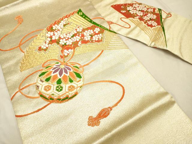 平和屋着物◎九寸名古屋帯 唐織 扇面花文 毬 金糸 正絹 逸品 DAAM0930bc