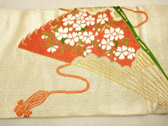 平和屋着物◎九寸名古屋帯 唐織 扇面花文 毬 金糸 正絹 逸品 DAAM0930bc