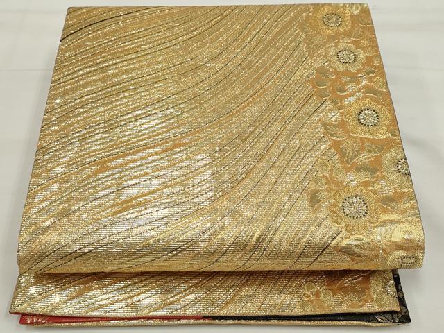 平和屋着物◎両面 全通柄袋帯 流水草花文 金糸 正絹 逸品 DAAN5036cd