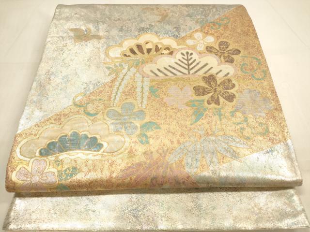 平和屋着物■太鼓柄袋帯 螺鈿箔 花鳥松文 金彩 引箔 正絹 逸品 DAAN7675op