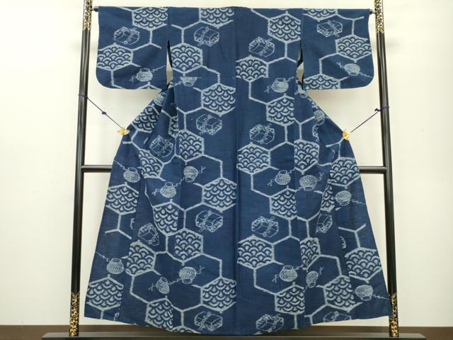 平和屋着物▽久留米絣 単衣 青海波亀甲文 綿 逸品 DAAO3409fe