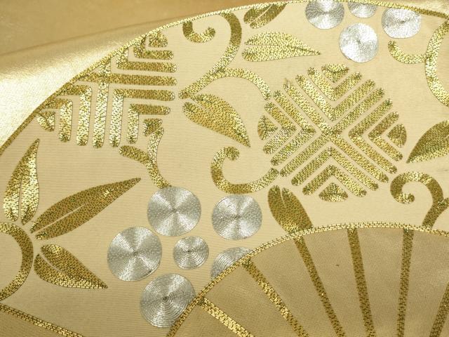平和屋着物■太鼓柄袋帯 駒刺繍 総刺繍 扇面花唐草文 金糸 正絹 逸品 DAAO7413sf