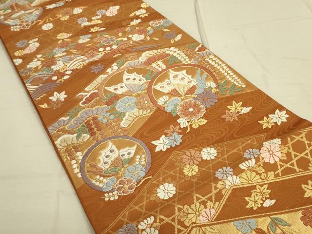 平和屋着物◎六通柄袋帯 唐織 花蝶丸文 金糸 引箔 正絹 逸品 DAAO9902rt