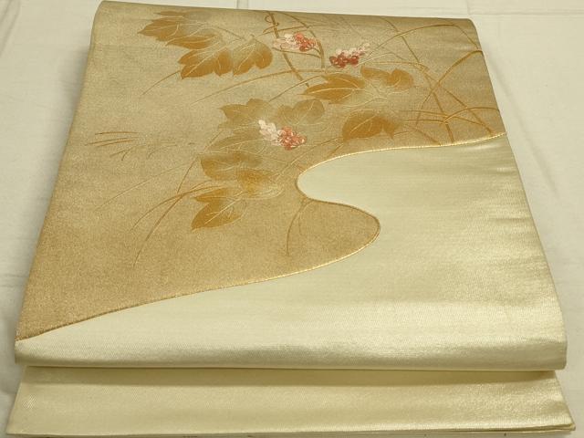 平和屋着物◎太鼓柄袋帯 駒刺繍 枝葉文 金銀糸 正絹 逸品 DAAO9911rt