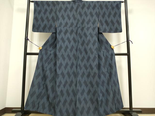 平和屋着物▽本塩沢 単衣 110亀甲 幾何学文様 正絹 逸品 DAAP7413du