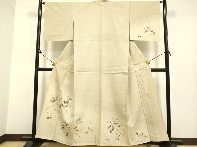 平和屋着物▽訪問着 単衣 作家物 紬地 手描き 茄子 枝葉文 金彩 正絹 逸品 DAAP7505du