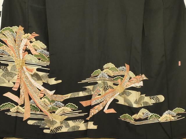 平和屋着物■豪華黒留袖 万寿染 駒刺繍 束ね熨斗扇面松文 金彩 やまと誂製 正絹 逸品 DAAP9468ma