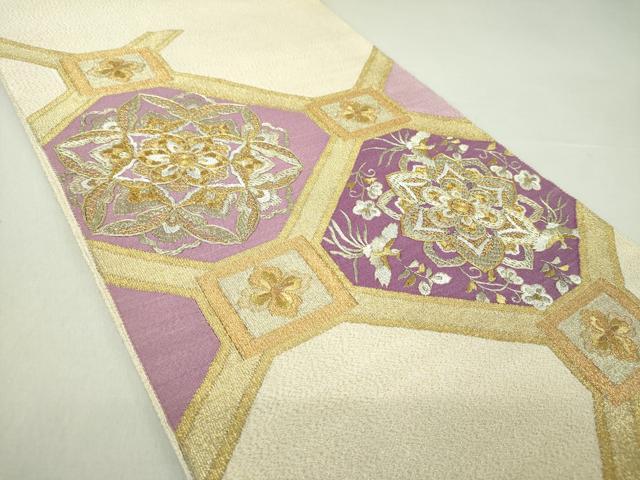 平和屋着物●京の名門 じゅらく謹製 帝王紫 爪掻き本綴れ 太鼓柄袋帯 駒刺繍 蜀江鳳凰花文 金糸 反端付き 正絹 逸品 DAAQ2825ps