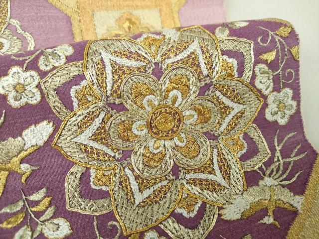 平和屋着物●京の名門 じゅらく謹製 帝王紫 爪掻き本綴れ 太鼓柄袋帯 駒刺繍 蜀江鳳凰花文 金糸 反端付き 正絹 逸品 DAAQ2825ps