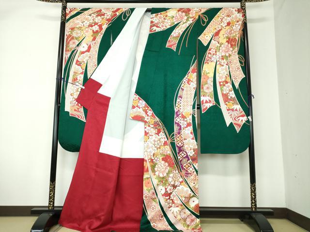 平和屋着物●豪華振袖 駒刺繍 束ね熨斗吉祥花文 金彩 正絹 逸品 DAAQ2910ps