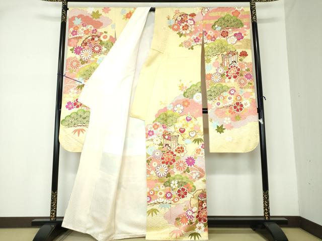 平和屋着物●豪華振袖 駒刺繍 雪輪御所車貝桶花文 金彩 正絹 逸品 DAAQ2926ps