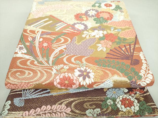 平和屋着物●佐賀錦 六通柄袋帯 唐織 扇面花文 金糸 正絹 逸品 DAAQ3049ps