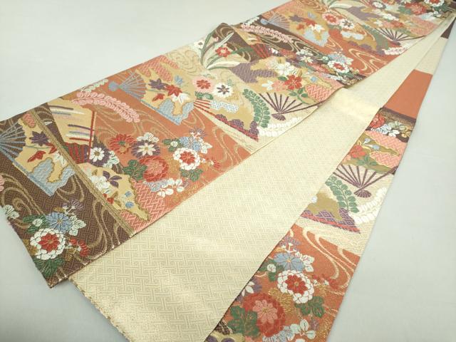 平和屋着物●佐賀錦 六通柄袋帯 唐織 扇面花文 金糸 正絹 逸品 DAAQ3049ps