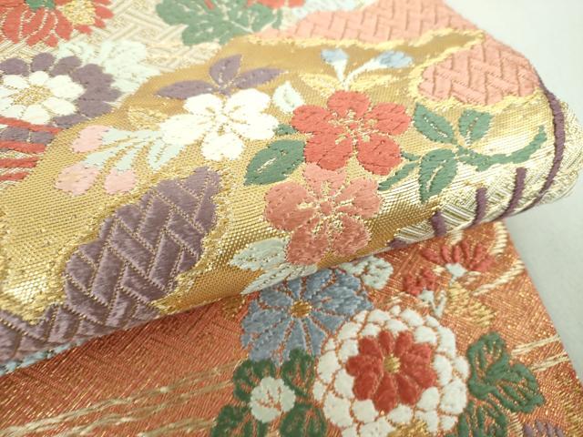 平和屋着物●佐賀錦 六通柄袋帯 唐織 扇面花文 金糸 正絹 逸品 DAAQ3049ps