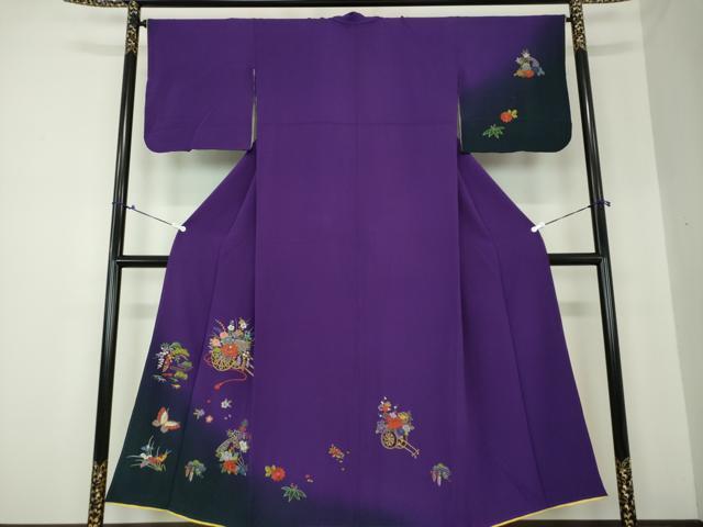 平和屋着物●訪問着 駒刺繍 総刺繍 舞蝶花車文 暈し染め 金糸 正絹 逸品 DAAQ3287ps