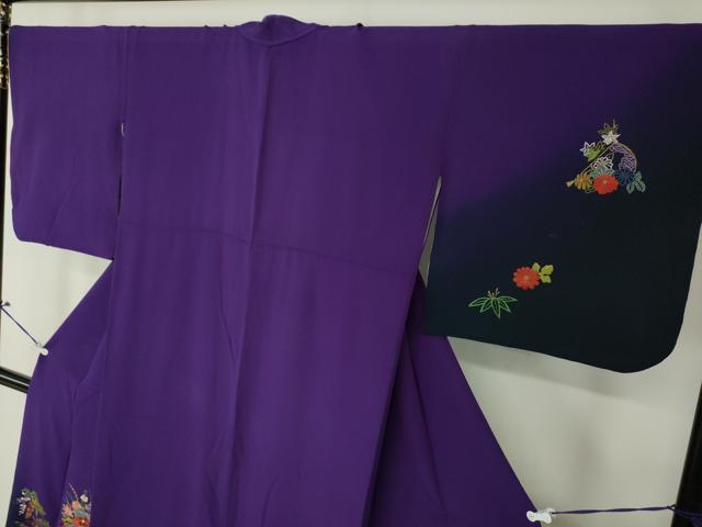 平和屋着物●訪問着 駒刺繍 総刺繍 舞蝶花車文 暈し染め 金糸 正絹 逸品 DAAQ3287ps