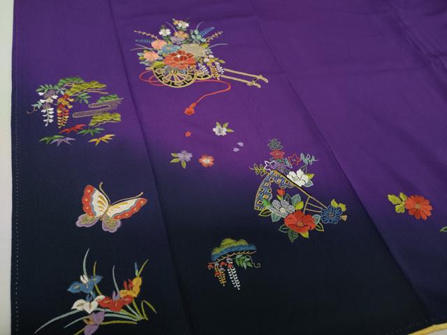 平和屋着物●訪問着 駒刺繍 総刺繍 舞蝶花車文 暈し染め 金糸 正絹 逸品 DAAQ3287ps