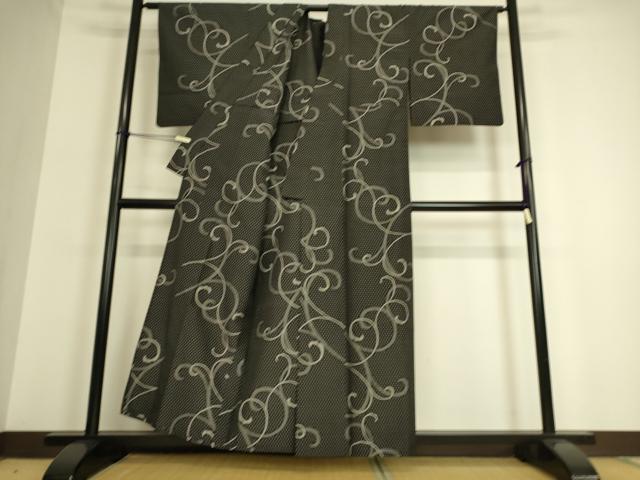 平和屋着物▽上質な紬 単衣 唐草文 黒地 正絹 逸品 DAAQ3596az