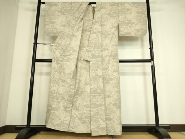 平和屋着物▽結城紬 単衣 雲取り風景文 100亀甲 正絹 逸品 DAAQ4518az