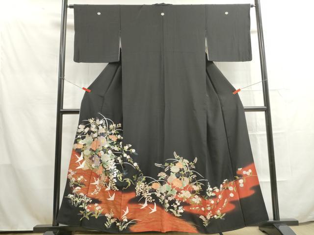 平和屋着物□豪華黒留袖 飛鶴飾花文 金銀彩 正絹 逸品