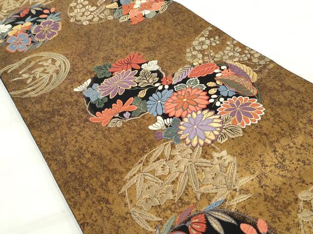平和屋着物◎六通柄袋帯 花丸文 黒地 金糸 引箔 正絹 逸品 DAAQ8639qa