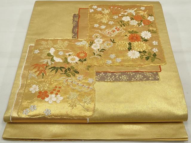 平和屋着物◎太鼓柄袋帯 色紙花鳥文 金銀糸 引箔 正絹 逸品 DAAQ8694qa