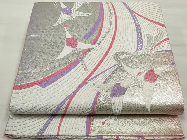 平和屋着物◎六通柄袋帯 唐織 流水飛鶴文 銀糸 正絹 逸品 DAAQ8703qa