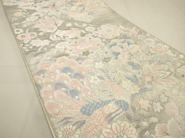平和屋着物◎六通柄袋帯 更紗孔雀花文 銀糸 正絹 逸品 DAAQ9452bc
