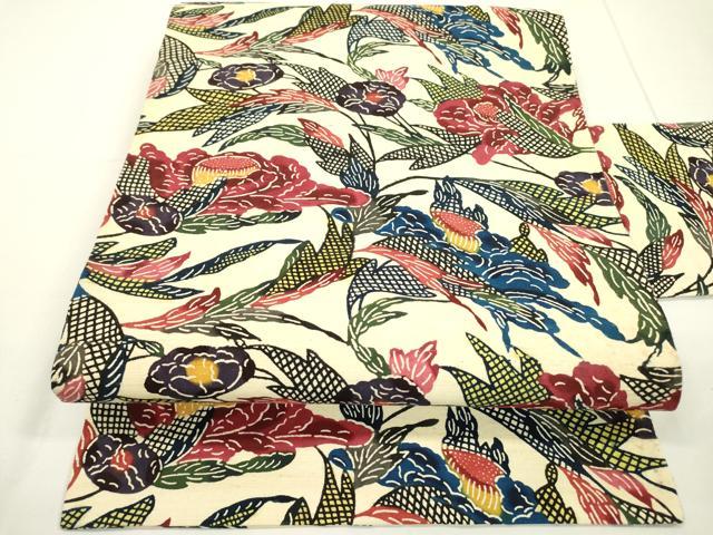 平和屋着物●全通柄九寸名古屋帯 紬地 紅型 草花 正絹 逸品 DAAR0815fe