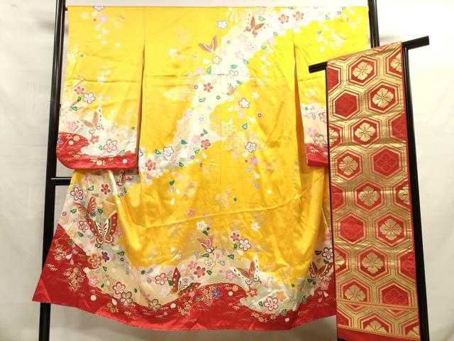 平和屋着物∵女の子 十三参り 子供 祝着・袋帯セット 駒刺繍 舞蝶花文 金彩 逸品 DAAR1452jm